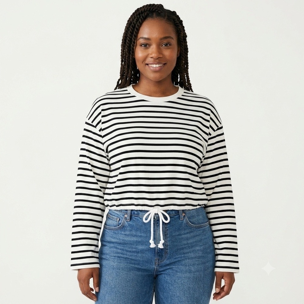 Madewell Top Womens XS Black White Striped Drawstring Hem Long Sleeve Tee NZ385